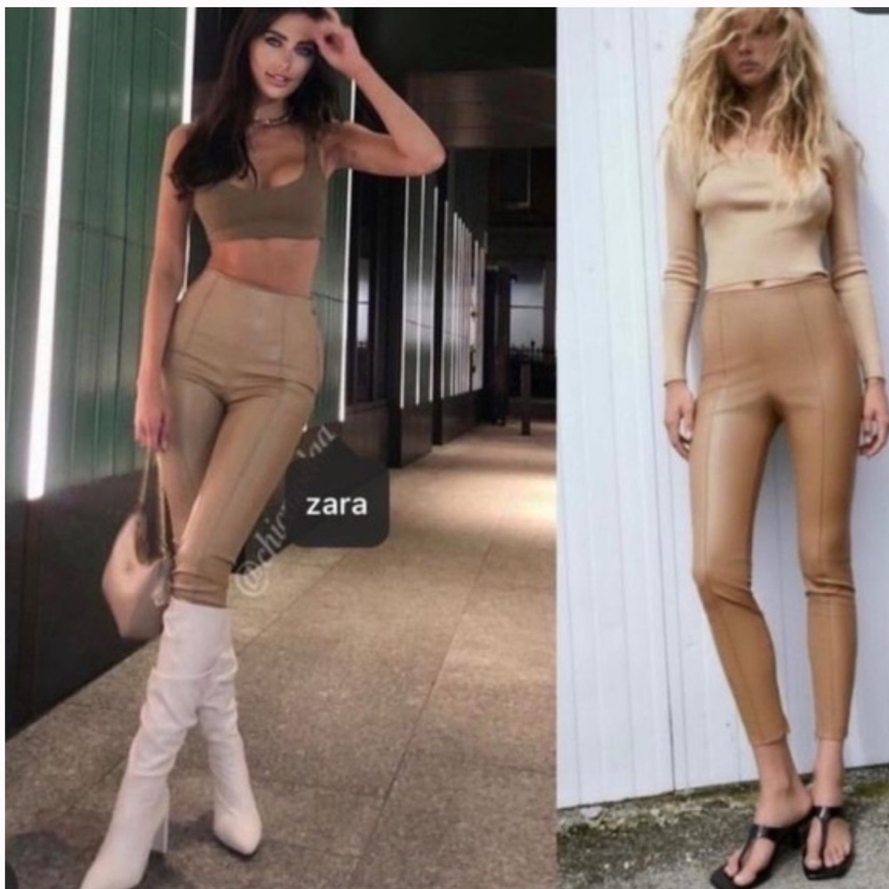 Zara Tan Faux Leather Split Hem Pants Side Zip High Rise Vegan Leather XS NWT
